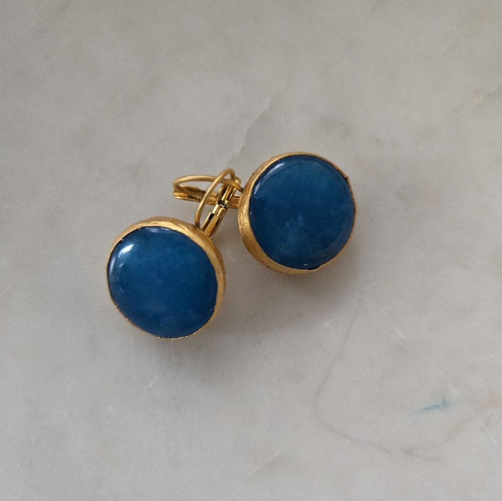 Gold Tone Earrings Large Teal Stone